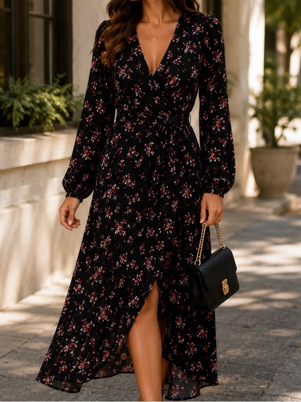 Velvet by Graham & Spencer Floral Wrap Midi Dress Black L Made USA